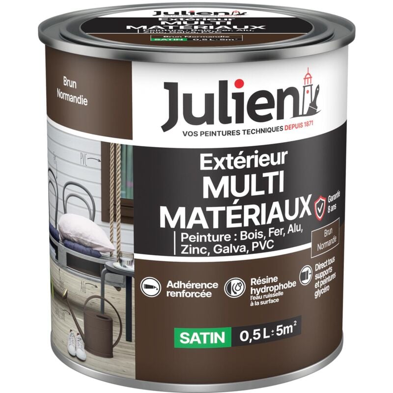 Julien Peinture Multi-Matériaux Satin en phase Aqueuse - Bois, Fer, Alu, PVC, Zinc, Acier galvanisé, brut ou peint - Brun 0,5 L