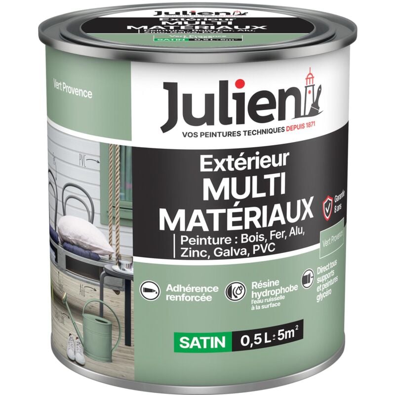 Julien - Peinture Multi-Matériaux Satin en phase Aqueuse - Bois, Fer, Alu, pvc, Zinc, Acier galvanisé, brut ou peint - Vert Provence 0,5 l