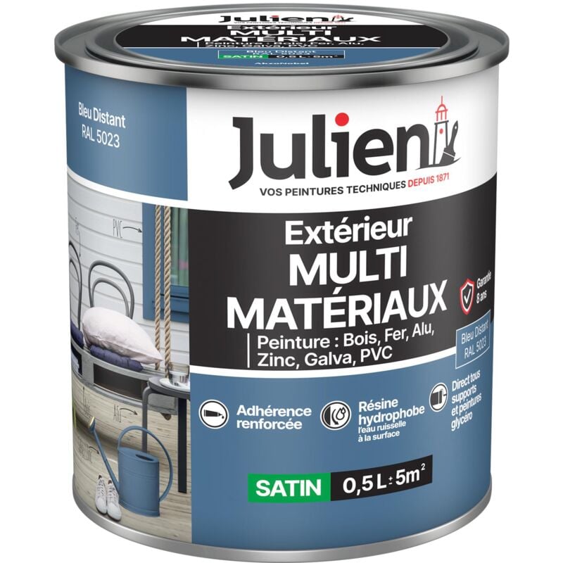 Julien - Peinture Multi-Matériaux Satin en phase Aqueuse - Bois, Fer, Alu, pvc, Zinc, Acier galvanisé, brut ou peint - Bleu Distant 0,5 l