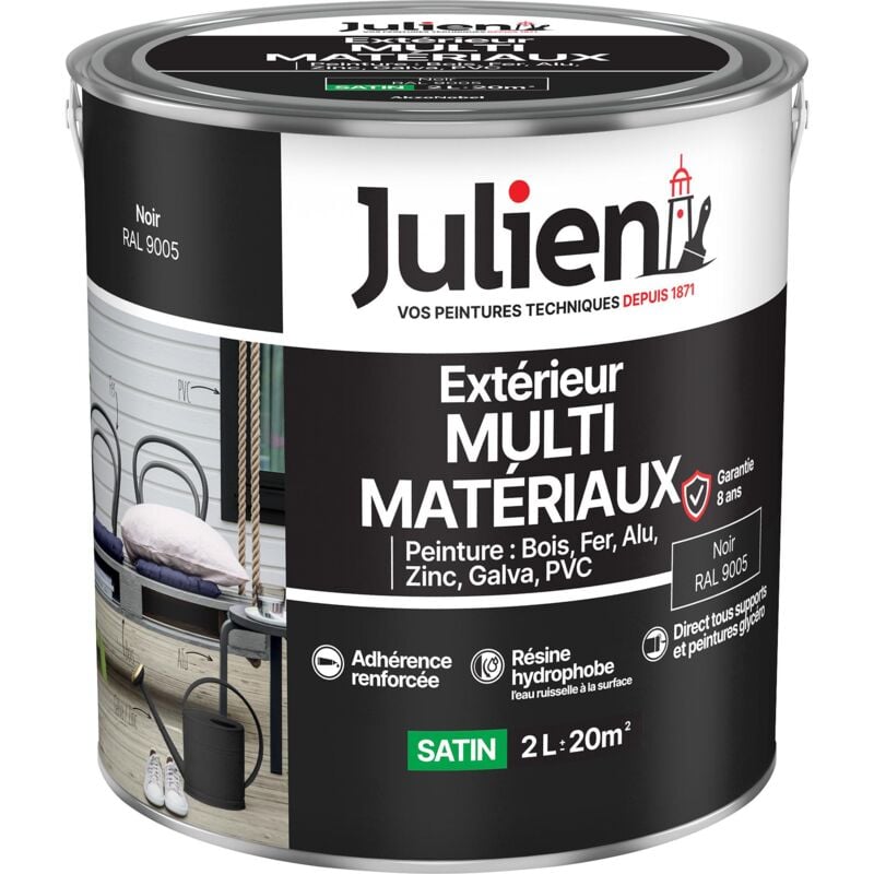 Julien - Peinture Multi-Matériaux Satin en phase Aqueuse - Bois, Fer, Alu, pvc, Zinc, Acier galvanisé, brut ou peint - Noir 2 l