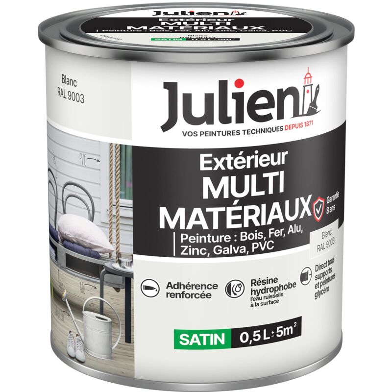 Julien - Peinture Multi-Matériaux Satin en phase Aqueuse - Bois, Fer, Alu, pvc, Zinc, Acier galvanisé, brut ou peint - Blanc 0,5 l