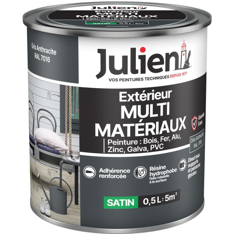 Julien - Peinture Multi-Matériaux Satin en phase Aqueuse - Bois, Fer, Alu, pvc, Zinc, Acier galvanisé, brut ou peint - Gris Anthracite 0,5 l