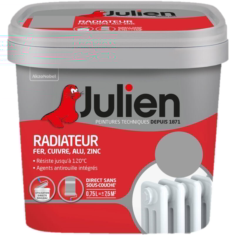 Peinture Radiateur Acrylique, Fer, Cuivre, Alu, Zinc - Direct sans sous-couche - Satin Titanium 0,75 l - Julien