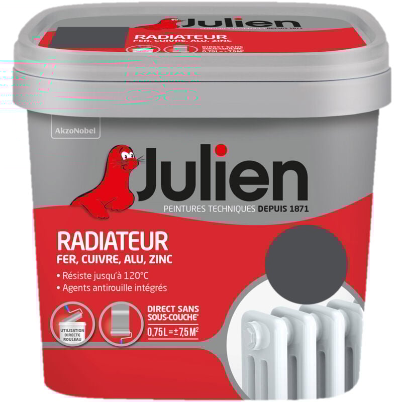 Peinture Radiateur Acrylique, Fer, Cuivre, Alu, Zinc - Direct sans sous-couche - Satin Poivre 0,75 l - Julien