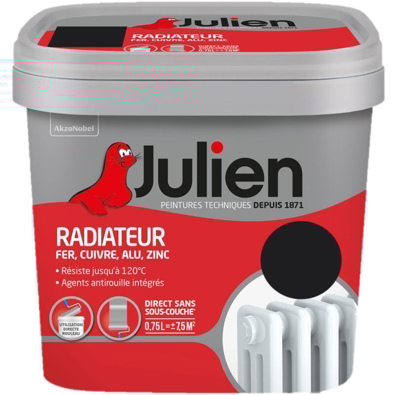 Peinture Radiateur Acrylique, Fer, Cuivre, Alu, Zinc - Direct sans sous-couche - Satin Noir 0,75 l - Julien