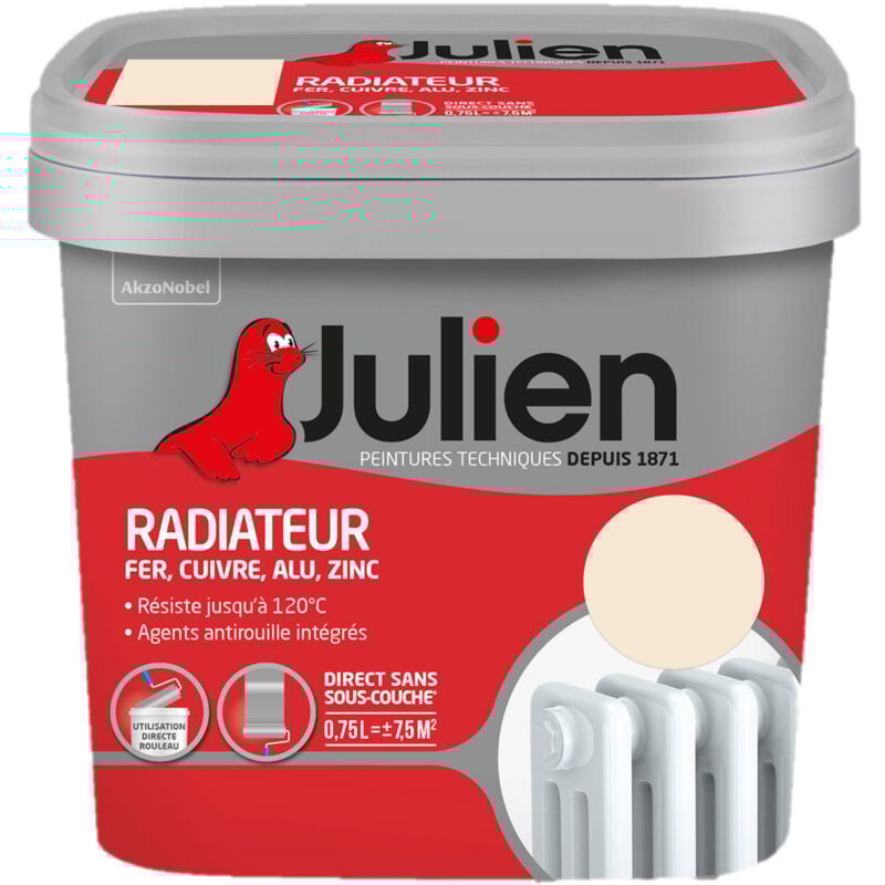 Peinture Radiateur Acrylique, Fer, Cuivre, Alu, Zinc - Direct sans sous-couche - Satin Blanc Cassé 0,75 l - Julien