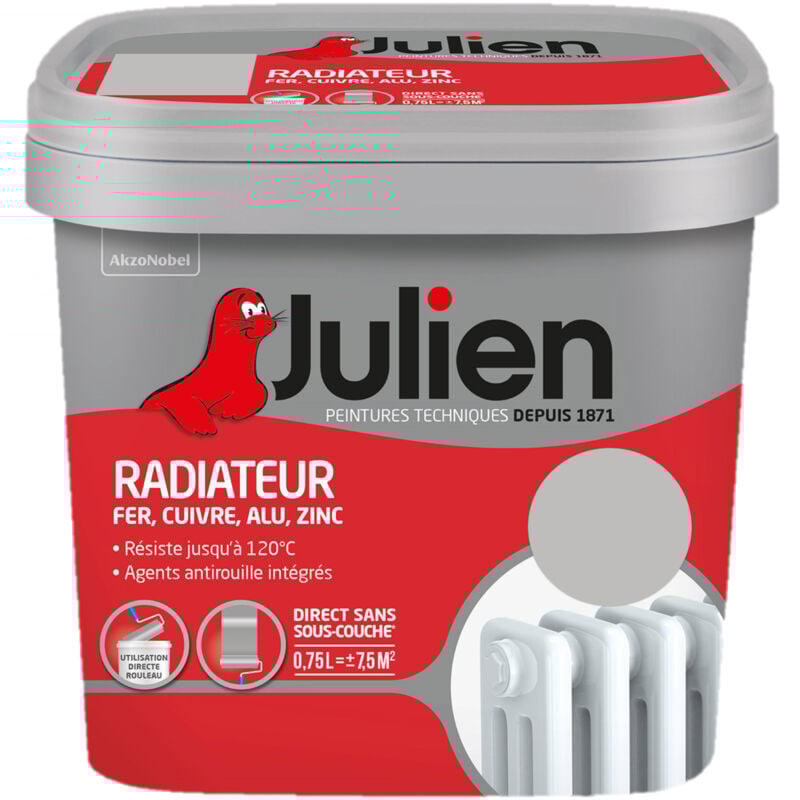 Peinture Radiateur Acrylique, Fer, Cuivre, Alu, Zinc - Direct sans sous-couche - Satin Béton Gris 0,75 l - Julien