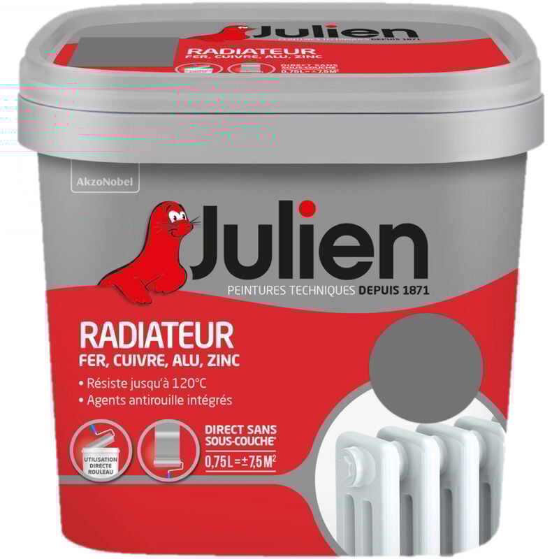 Peinture Radiateur Acrylique, Fer, Cuivre, Alu, Zinc - Direct sans sous-couche - Satin Pierre De Lave 0,75 l - Julien