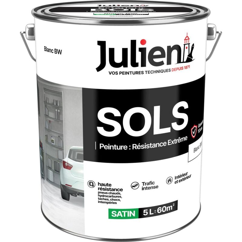 Peinture Sols Extrême Intérieur et Extérieur - Chapes béton, ciment lissé, briques, asphalte, planchers et parquets - Blanc 5 l - Julien