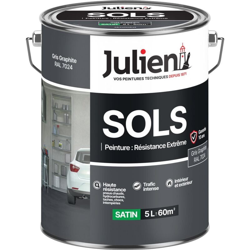 Peinture Sols Extrême Intérieur et Extérieur - Chapes béton, ciment lissé, briques, asphalte, planchers et parquets - Gris Graphite 5 l - Julien