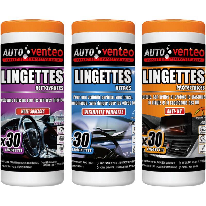 Venteo - jumbo pack auto cleaner Lot de 90 lingettes - Kit d'entretien automobile - Nettoyant intérieur pour voiture - Lingettes spéciales vitres,