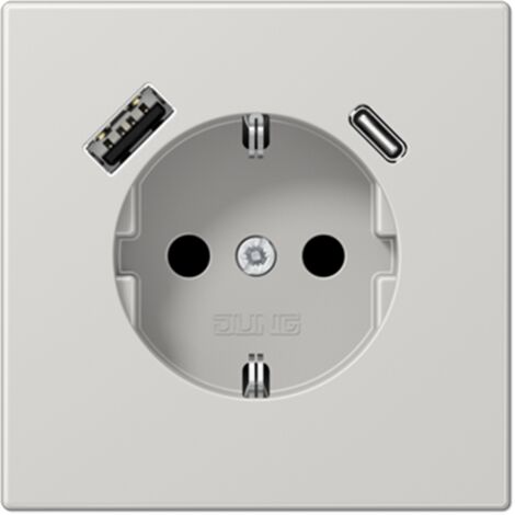 Jung Enchufe SCHUKO®, 16 A 250 V , con cargador USB, 1 x tipo A + 1 x tipo C, SAFETY+, serie LS, gris claro LS 1520-15 CA LG