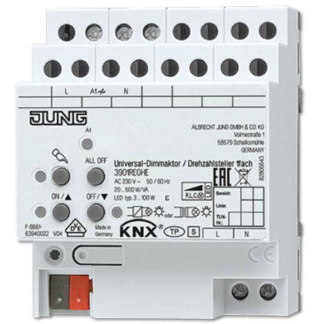 Jung KNX Actionneur de variation universel LED / contrôleur de vitesse de rotation, 1gang, REG, 4 TE 3901 REGHE