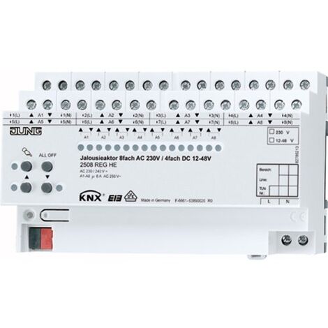 Jung KNX Jalousieaktor 8fach AC 110-230 V, 4fach DC 12-48 V, REG, 8 TE 2508 REGHE