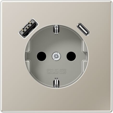 Jung Toma de corriente SCHUKO®, 16 A 250 V , con cargador USB, 1 x tipo A + 1 x tipo C, SAFETY+, serie LS, acero inoxidable ES 1520-15 CA