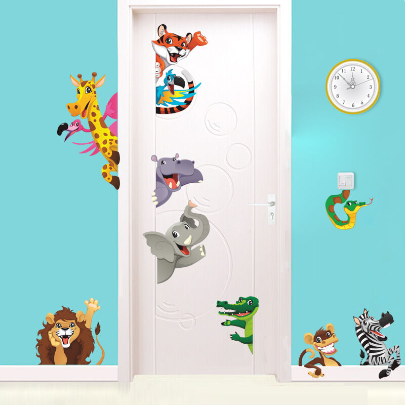 Jungle Animaux Stickers Muraux Pour Enfants Chambres Maison Porte Décor Dessin Animé Lion Éléphant Girafe Stickers Muraux Pvc Mural Art Diy Affiches