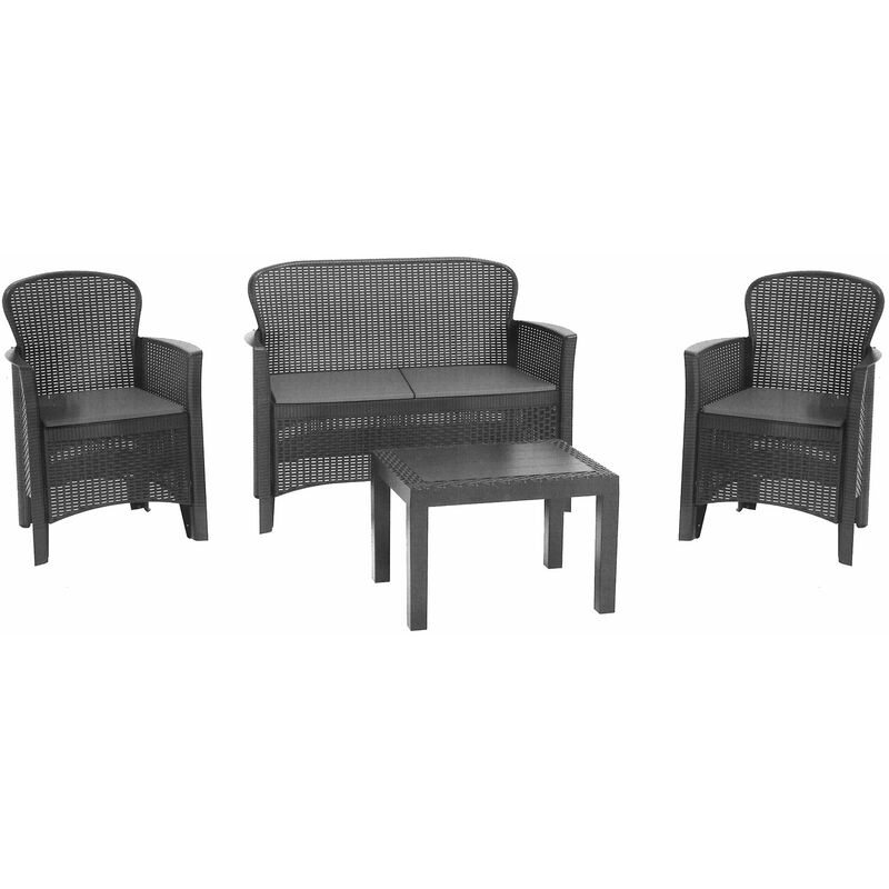 Frankystar - Jungle - Salon de jardin avec canapé + 2 fauteuils + table basse en polyrotane avec coussins - Anthracite