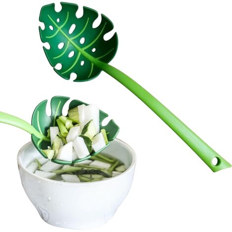 Jungle Spoon Monstera Leaf Soup Skimmer Spoon, Green, PP Material, 11.8x3.7 Inch, Kitchen Strainer with Anti-Slip Base, Long Handle
