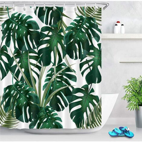 Jungle Tropical Paume Feuilles Rideau De Douche Avec 12 Crochets,180180Cm Vert Monstera Fond Blanc Rideaux De Salle De Bain Résistant À L'Eau Anti-Moisissure Lavable Tissu En Polyester