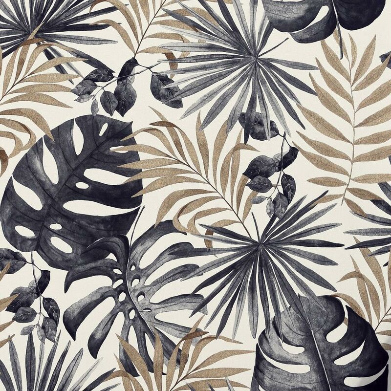 Arthouse - Jungle Wall Wallpaper Palm Leaves Tropical Leaf Black Gold Foil Metallic Textured Vinyl