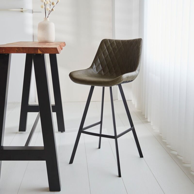 Dimehouse Industrieller Barhocker Juno Grün Kunstleder - Sitzhöhe 70 Cm -