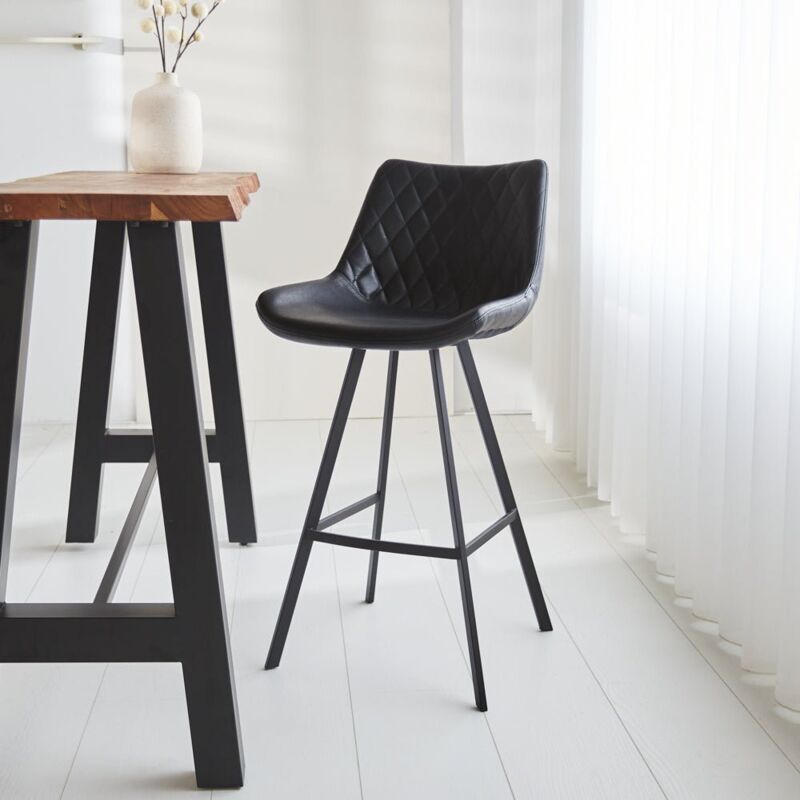 Dimehouse Industrieller Barhocker Juno Schwarz Kunstleder - Sitzhöhe 70 Cm