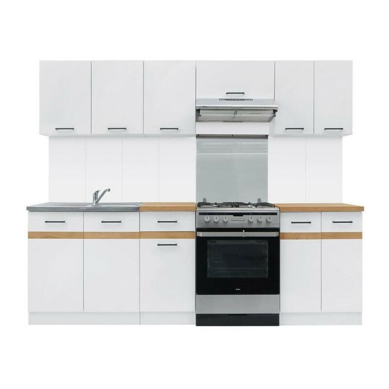 JUNONA Cuisine complete 240cm - 7 élements - Plan de travail inclus - Blanc brillant