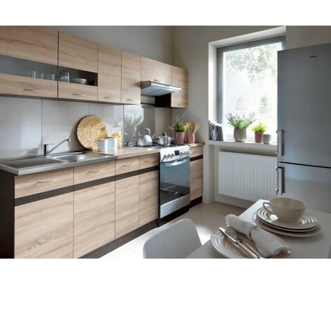 Cuisine complète d'angle 260cm 6 meubles, façade laquée Beige