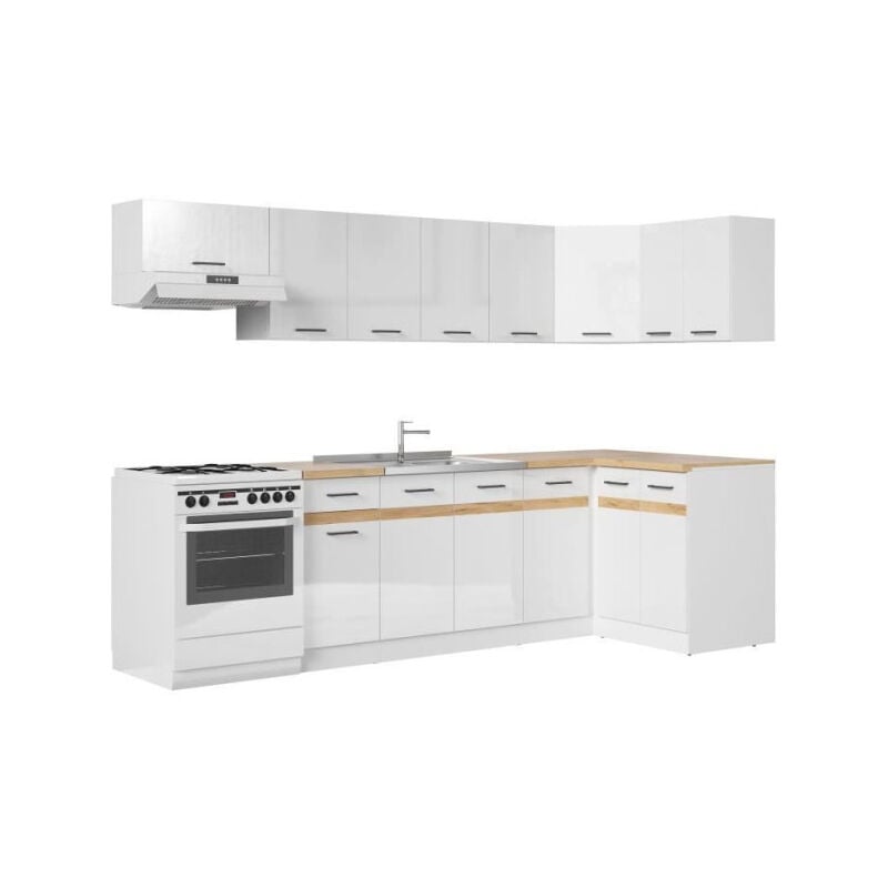 Junona Cuisine d'angle complete 340cm - 10 éléments - Plan de travail inclus - Blanc brillant