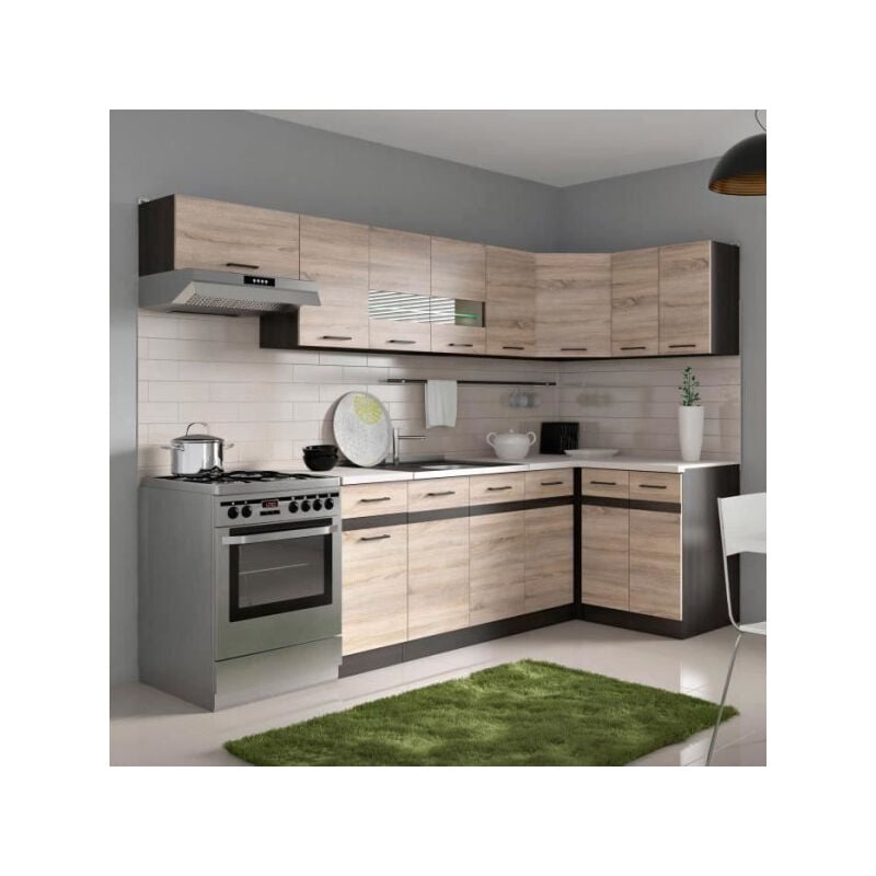 Junona Cuisine d'angle complete et plan de travail l 3m40 - Angle réversible - Décor chene sonoma - plan de travail inclus