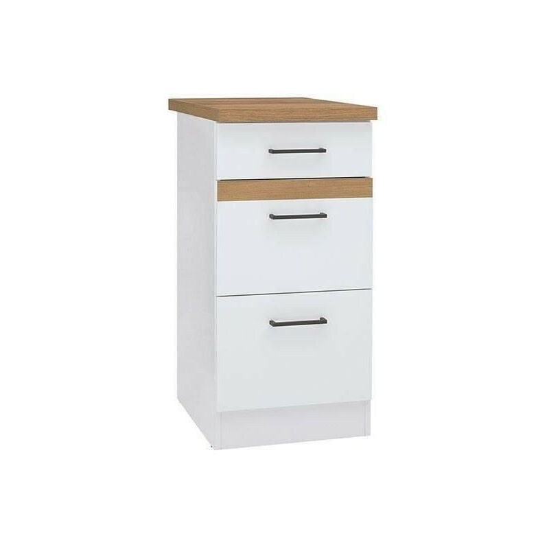 JUNONA Meuble bas de cuisine 40 cm - 3 tiroirs + plan de travail - Blanc brillant