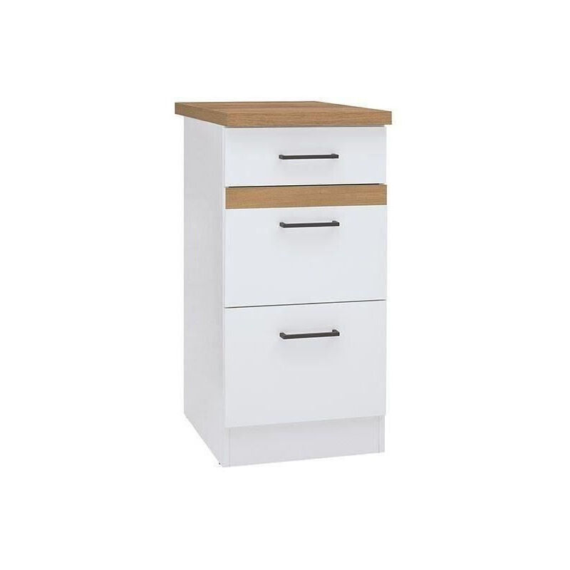 Junona Meuble bas de cuisine 40 cm - 3 tiroirs + plan de travail - Blanc brillant