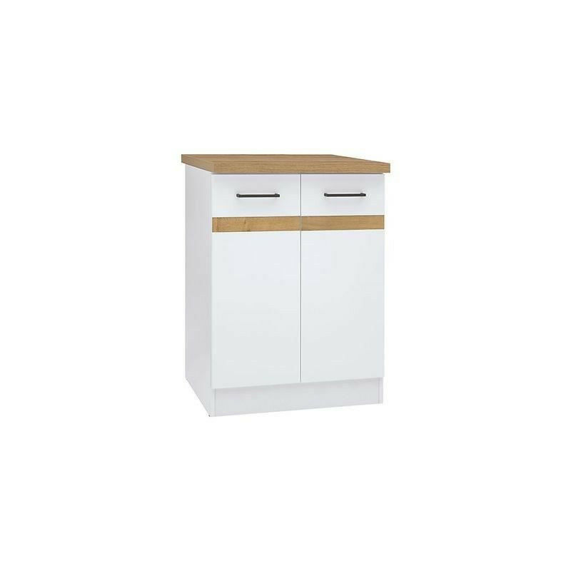JUNONA Meuble bas de cuisine 60 cm - 2 Portes - Plan de travail - Blanc brillant