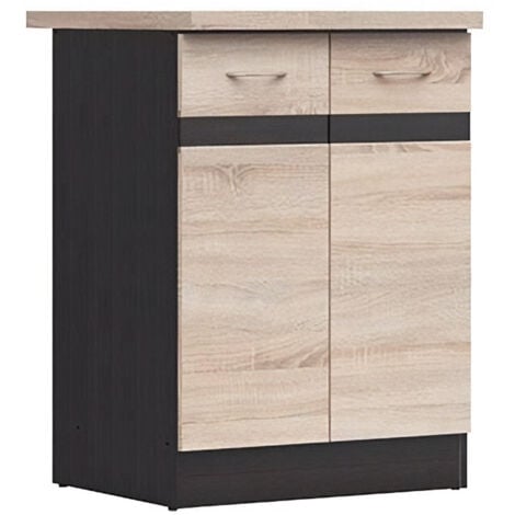 JUNONA Meuble bas de cuisine 60 cm - 2 Portes - Plan de travail - Chene sonoma