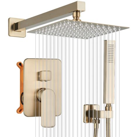 JUNSOTTOR Set doccia a incasso per doccia, in oro spazzolato, 12 pollici, doccia a pioggia, con soffione doccia, 2 funzioni, in ottone per vasca da bagno