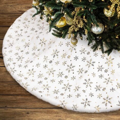 Jupe de sapin de Noël, base de sapin de Noël, tapis de sapin de Noël, paillettes flocons de neige dorés (blanc, 90 cm)