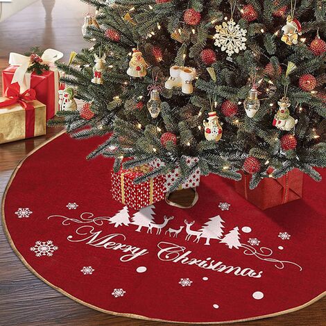Jupe de Sapin de Noël Cerf et Arbres Flocon de Neige Imprime Toile de Jute Tapis de Sapin de Noël Decoration de Noël Rouge (98CM)