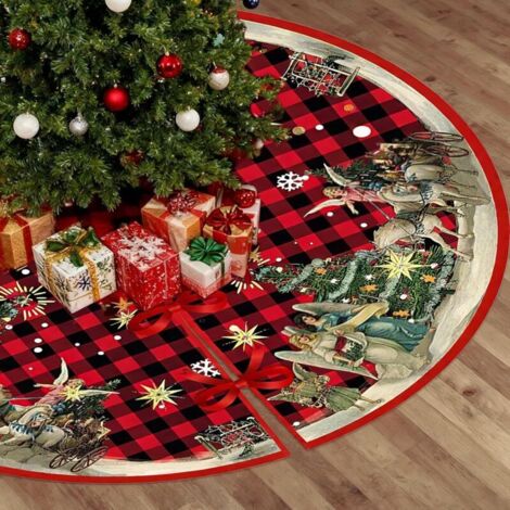 Jupe de Sapin de Noël Rouge 122cm, Élégante Housse de Base de Sapin avec Motif Ange et Sapin, Jupe Ronde avec Trou Central, Décoration de Noël pour Maison et Fêtes