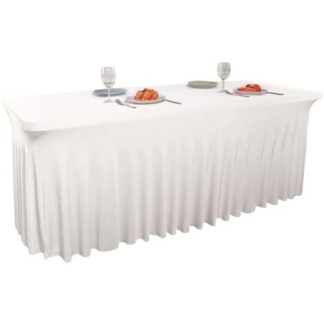 Jupe de table extensible de 1.8 m pour tables rectangulaires avec dos ouvert, housse de table rectangulaire en élasthanne pour terrasse, mariage, fête,Blanc