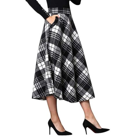 Jupe longue évasée taille haute élastique pour femme, coupe trapèze, à carreaux, chaude, pour l'hiver