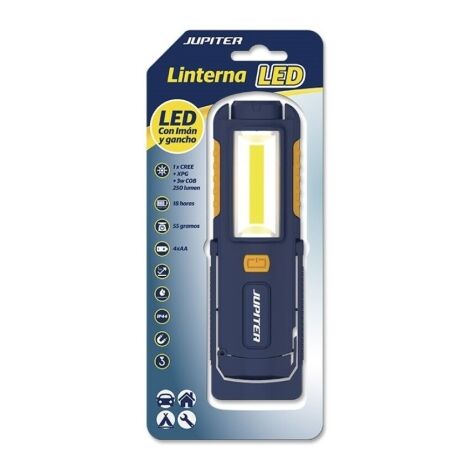 Jupiter torche de fonctionnement led+cob 250lm - avec aimant et crochet - résistance ip44 - fonctionne avec 4 piles aa (non incluses) - couleur bleue