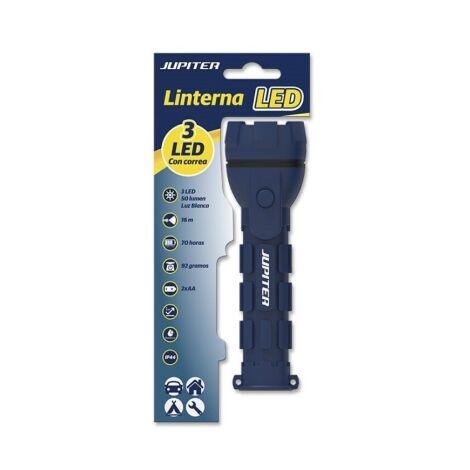 Jupiter torche de lumière blanche 3 led 50lm - corps de caoutchouc - résistance ip44 - fonctionne avec 2 piles aa (non incluses) - couleur bleu