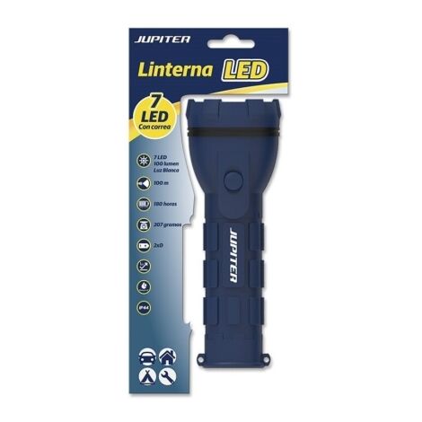 Jupiter torche de lumière blanche 7 led 100lm - corps de caoutchouc - résistance ip44 - fonctionne avec 2 piles d r20 (non incluses) - couleur bleue
