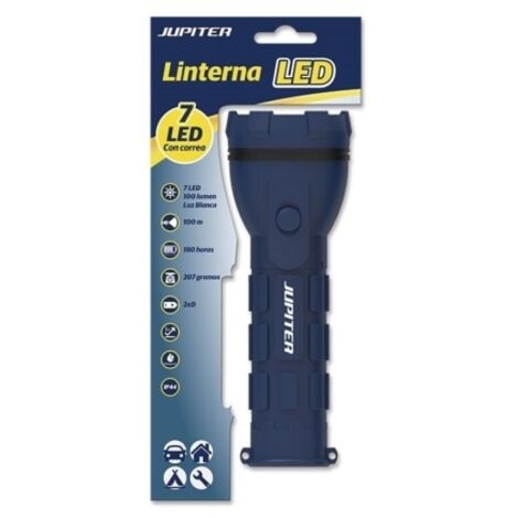 Jupiter torche de lumière blanche 7 led 100lm - corps de caoutchouc - résistance ip44 - fonctionne avec 2 piles d r20 (non incluses) - couleur bleue