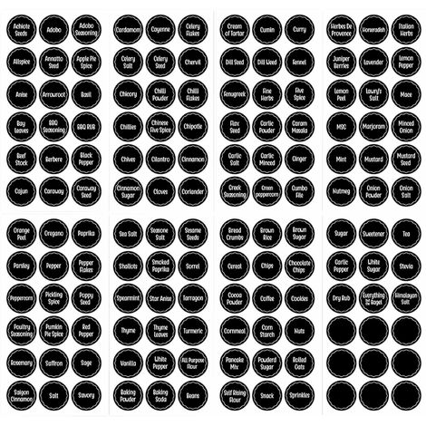 Jusch – Lot de 144 étiquettes autocollantes pour pots à épices 13,5x26,7 cm – PVC imperméable – Lecture facile – 9 feuilles vierges incluses