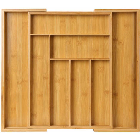 Jusch – Organisateur de couverts en bambou 40 x 50 x 5 cm – 6 compartiments rétractables – Rangement efficace pour cuisine et bureau