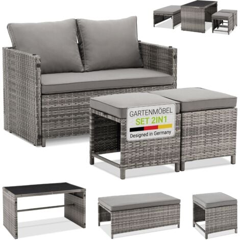 Juskys 2in1 Polyrattan Relax Gartenmöbel Set Jamaika - Tisch, Gartenlounge Sofa - Balkonmöbel Sitzgruppe für Balkon, Garten - Outdoor Lounge grau-meliert