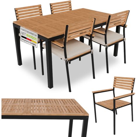 Juskys Akazienholz Gartengarnitur Rhodos - Tisch, 4 Stühle & Auflagen - Holz Gartenmöbel Set 5-teilig - Balkonmöbel -Outdoor Möbel Natur & Schwarz