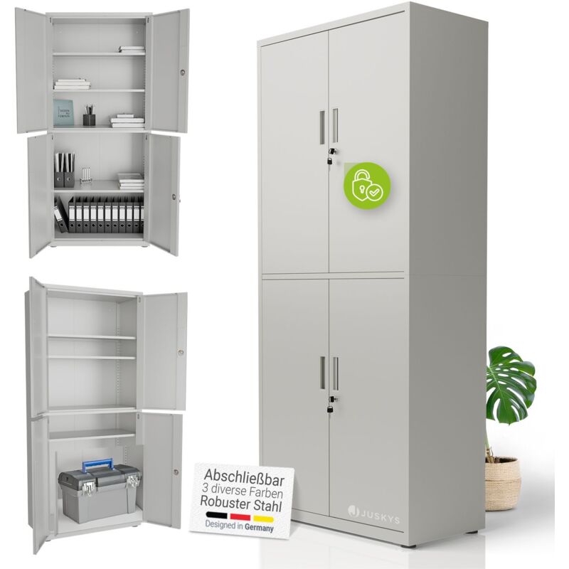 Juskys Aktenschrank Aus Metall – 180x80x40 Cm Abschließbarer Büroschrank Aus Stahl Mit 2 Türen & 3 Verstellbaren Einlegeböden,
