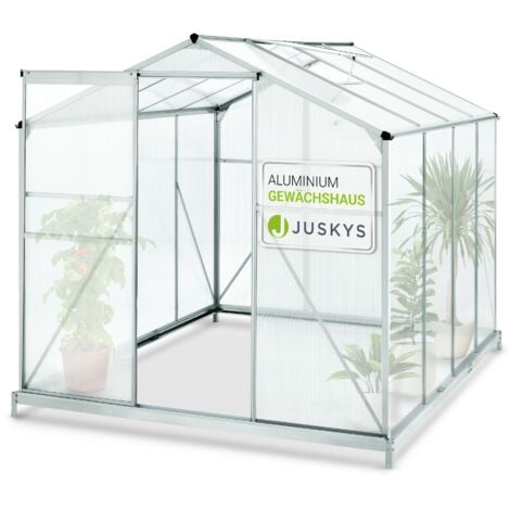Juskys Aluminium Gewächshaus mit Fundament | 4,75 qm | 190 × 253 cm | 1 Dachfenster & Schiebetür | 4 mm Platten | Garten Treibhaus Pflanzenhaus